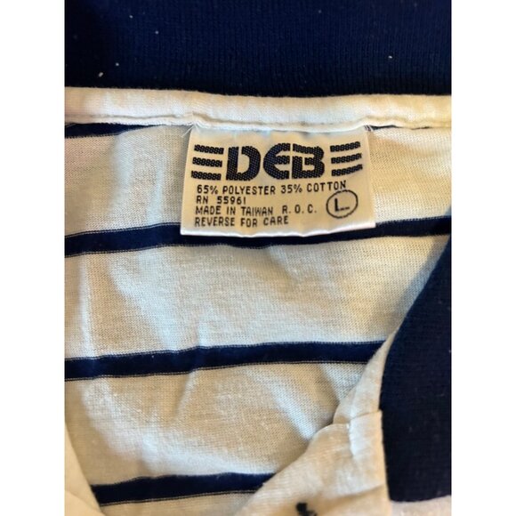 Vintage DEB Navy White Striped Crop Polo Embroidered Crest Short Sleeve Top Sz L - Picture 6 of 9